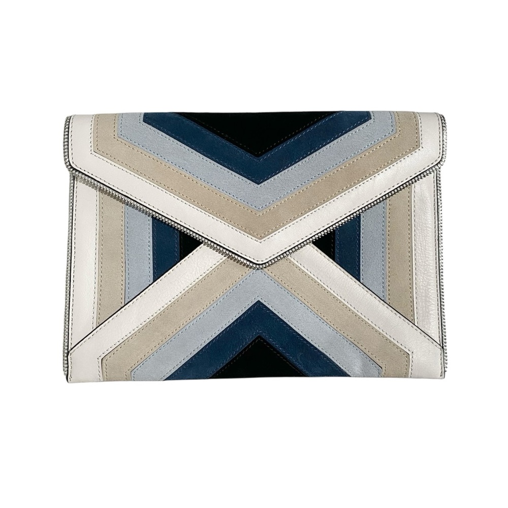 Rebecca Minkoff Leo Chevron Suede Clutch Blue Geometric Pattern Clutch cons
